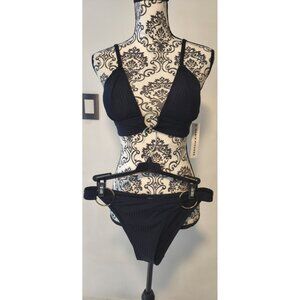 Robin Piccone Black Textured Bikini Set Underwire Ring Detail Medium